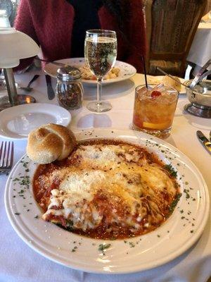 Manicotti paired with a stiff Old Fashioned.