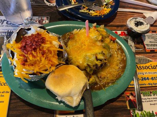 Pepper steak and loaded baked potato