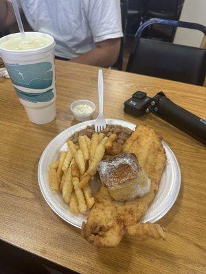 "Fish Friday" special with pintos & cornbread, and fries.