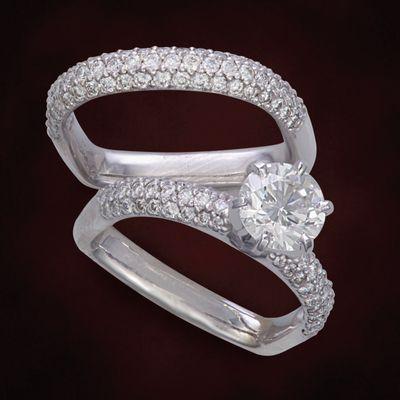 Pave Diamond Designer Engagement Ring and Wedding Band with signature shank to prevent tipping on the finger