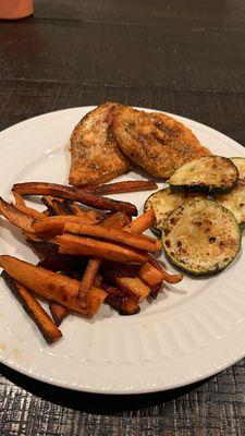 Chicken, zucchini, and sweet potato fries