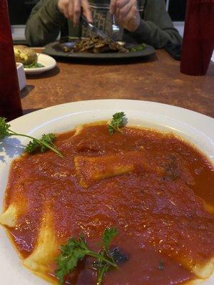 Stuffed ravioli, steak with mushrooms and baked potato (the one with cross contamination of sorts)