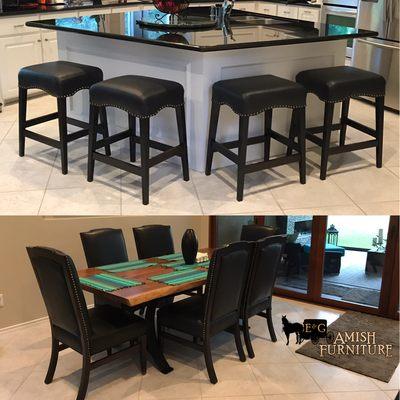 Custom Live Edge table with leather chairs and matching stools.