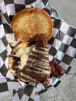 Fried Lebanon bologna with scrapple sandwich