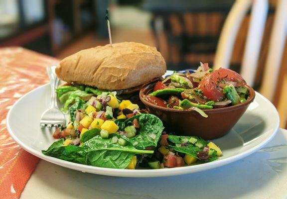 Mango Black Bean Salad, Tomato Avocado Salad, and a delicious Sando!