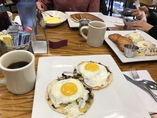 Huevos Rancheros, The Appalachian, Full Stack Pancake with Omelette