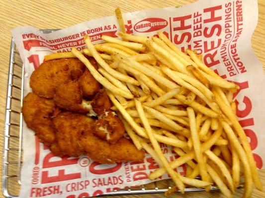 Smashed Crispy Chicken Tenders and Fries.