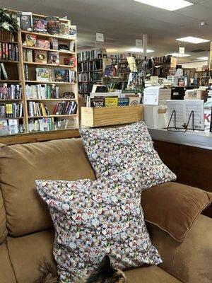 The reading corner where Callie hangs out and the front area of the store.