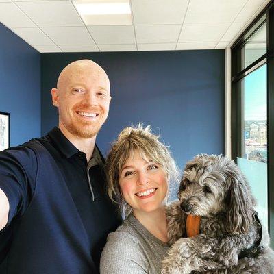 Dr. Randall Evans, DC and Hannah- the owners of Align & Shine. Also featuring our most important employee: Charlie.