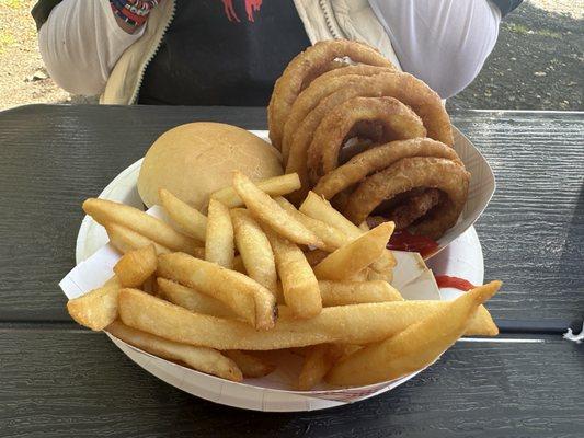 Cheeseburger, fries, & rings