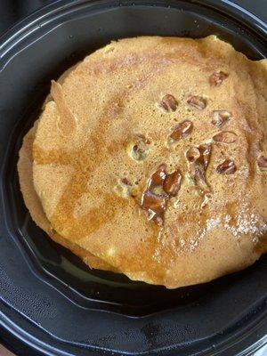 2 Stacks of BS Unprofessional AF, unappetizing AF, and unappealing presentation of pumpkin pecan pancakes