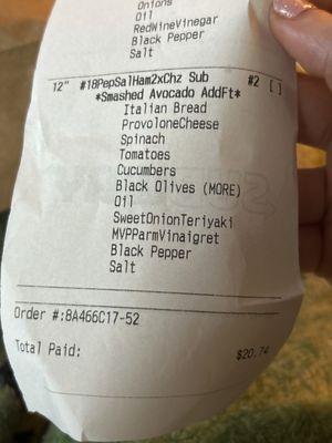 Receipt to prove I paid for avocado, and didn't ask for them to remove the salami.