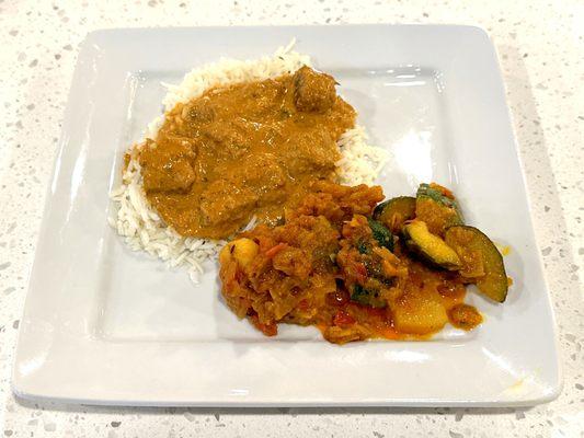 Beef Korma on Basmati Rice and Zucchini Masala from the Buffet