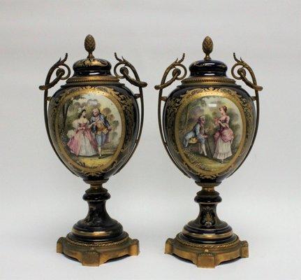 Sevres Cobalt Blue & Gold Ormulu Mounted Urns with Courting Scenes