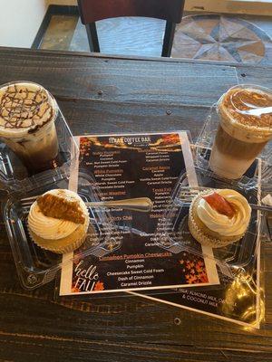 Sweater Weather and Pumpkin Pie Dirty Chai drinks with pecan Praline and Apple Pie cupcakes.