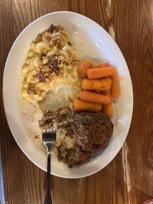 Meatloaf with baby carrots and beacon Mac and cheese