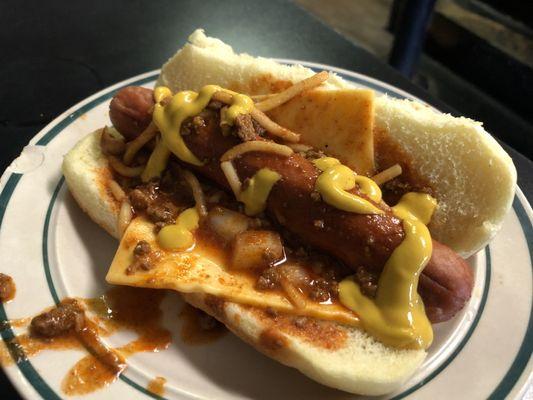 Coney with cheese, mustard, onion