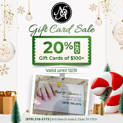 GIFT CARD SALE
20% OFF Gift Cards of $100+
Valid until 12/31

 Make your holiday wishes come true at Nails Of America Clute! 
Our gift