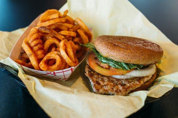 Turkey Burger on a Whole Wheat bun with a side of Curly Fries