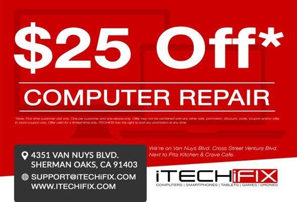 $25 Off First Customer Only on Macbook Repair Service by ITECHIFIX Sherman Oaks.