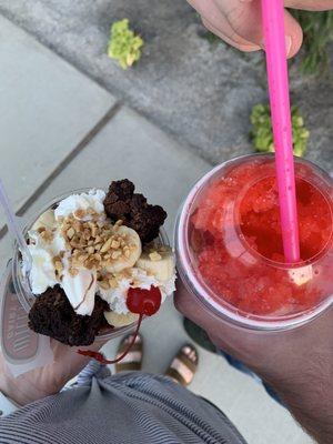 Hot Fudge Sunday with bananas and a Tigers Blood Shaved Ice