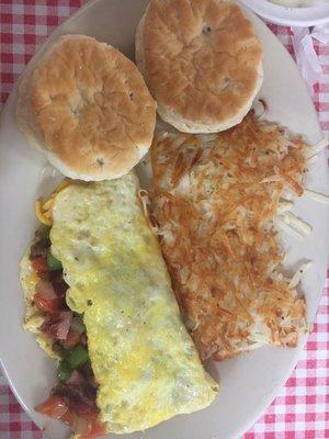 Small omelette with hash browns and biscuits (gravy on the side)