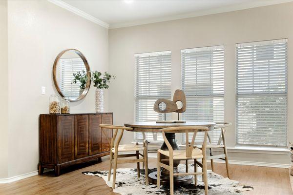 Dining room with large windows at Rancho Palisades