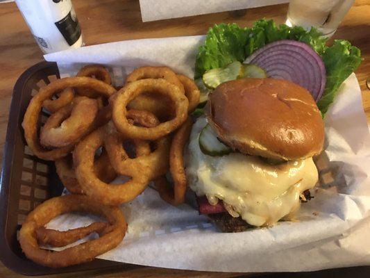 Reuben burger and onion rings