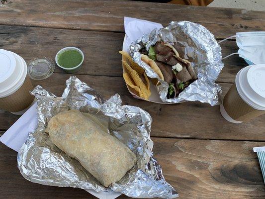 Veggie breakfast burrito and gyro.