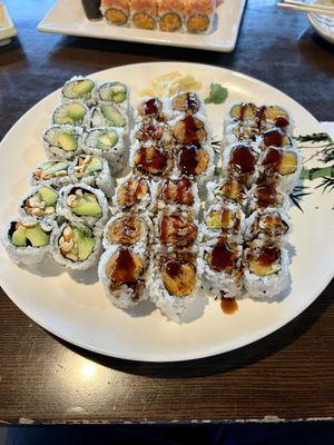 L to R: Avocado & Cucumber, Peanut Avocado, Sweet Potato (2x), Pumpkin Tempura (2x)