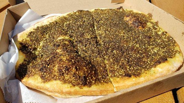 Zaatar pie ($7), vegan by default. Large and really fresh & tasty. Excellent spices, excellent chew on bread.