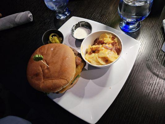 Burger with au gratin potato side