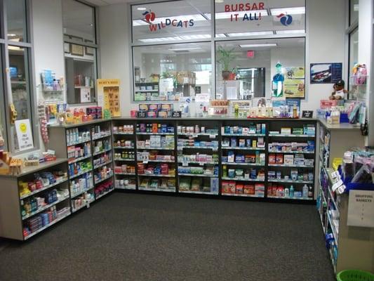 Our full service pharmacy with over 250 OTC (over the counter) products and over 500 prescription items available.