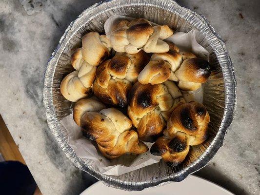 Garlic knots - they didn't taste burnt (despite the photo) but could use a little more garlic flavor!