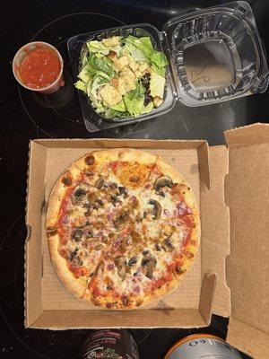 Small build your own pizza, side of red sauce and small Caesar salad.