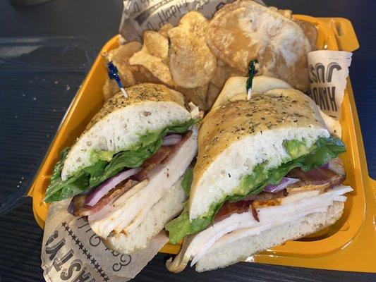 Chicken bacon avocado sandwich with homemade chips