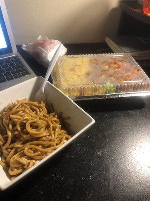 A General Tso's dinner (comes with rice and your choice of chicken fingers, egg roll, or fried wanton) and some plain lo mien.