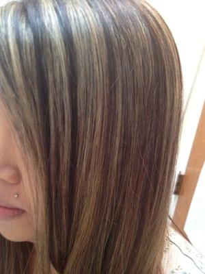 THE RESULTS of Michael's Magic: Sandy Blonde Highlights w/ a Dark Brown Toner. The pic does NOT do the results justice!