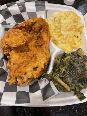 Fried Chicken Breast Platter. crunchy and well seasoned. Greens way too salty and I like salt. Mac n cheese very good and cheesy.