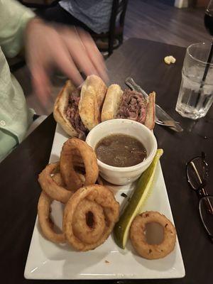 French Dip special with amazing onion rings