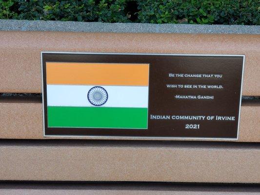 The bench sponsored by the Indian community of Irvine