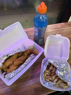 Chicken tenders and Curly fries