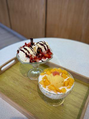 Vanilla strawberry sundae with chocolate syrup and coconut mango juice sago & pomelo with mango ice cream