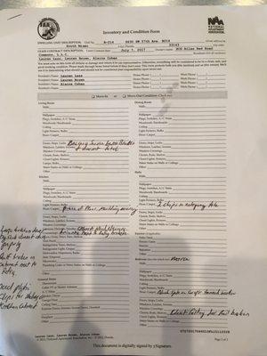 Move-in Inventory and Condition Form showing the broken glass door