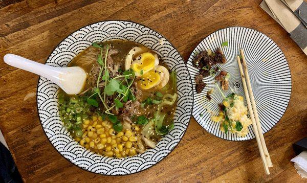 Duck chipotle miso ramen, korean esquites, kimchi crispy brussel sprouts