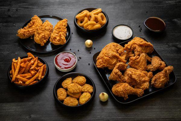 Fried chicken, Chicken Tenders, Seasoned fries, Onion rings, Chicken Nuggets.