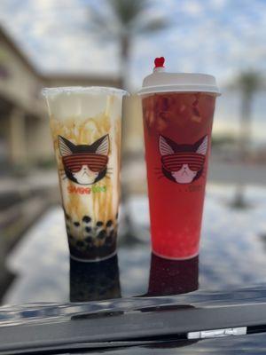 Strawberry peach black tea & brown sugar milk tea boba