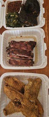 Fried Whiting, Ribs, and Jerk Chicken