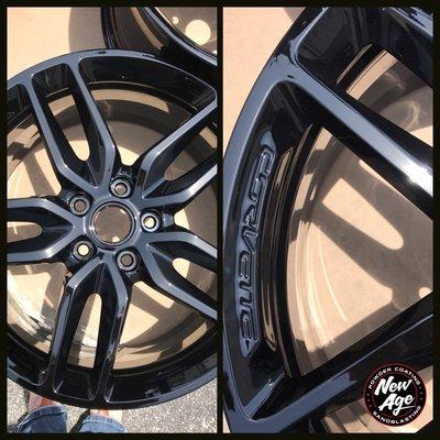 Set of Corvette rims in wet black powder coating. #corvetterims #newagepowdercoating #newagepowder