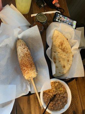 Mexican Street Corn, Quesadilla - Cheese Only, Beans and Rice